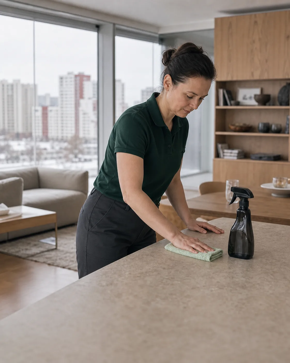 A Ladom cleaner gently wipes a stone countertop in a bright kitchen