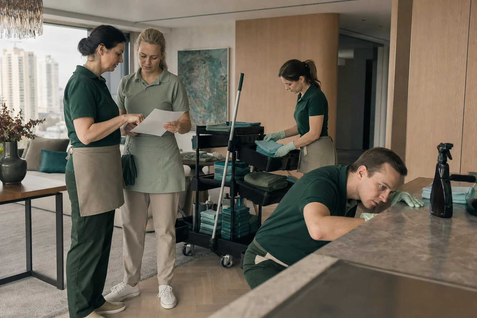 The Ladom team reviewing the cleaning plan and prepping supplies in an apartment